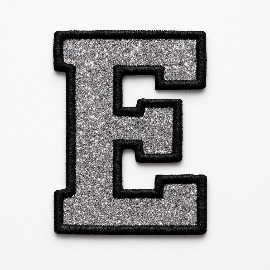 Silver Glitter varsity “Initial E” – Embroidered Iron-On Patch