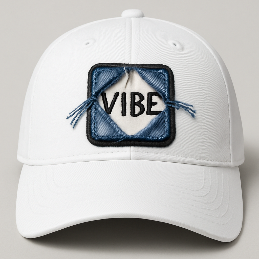 Bust Out Patch – “VIBE”Embroidered Denim Iron-On Peel-Back Patch shown on a white hat
